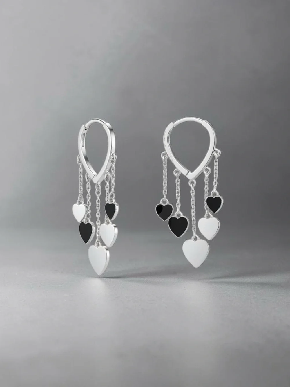 Black Heart Tassel Hoop Silver Dangle Hearts Earrings NWT - Picture 7 of 7